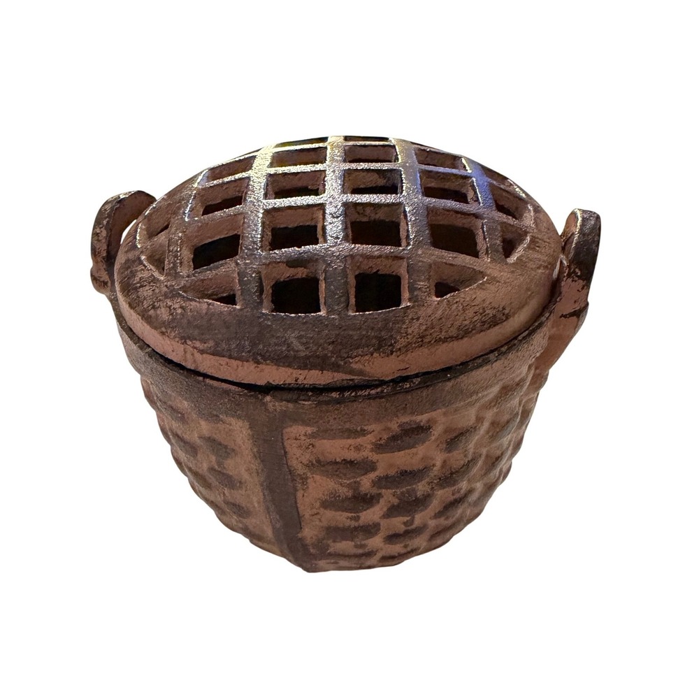 Vintage Cast Iron Potpourri‎ Simmer Pot Basket Weave Vented Lid Bronze Tone 4in